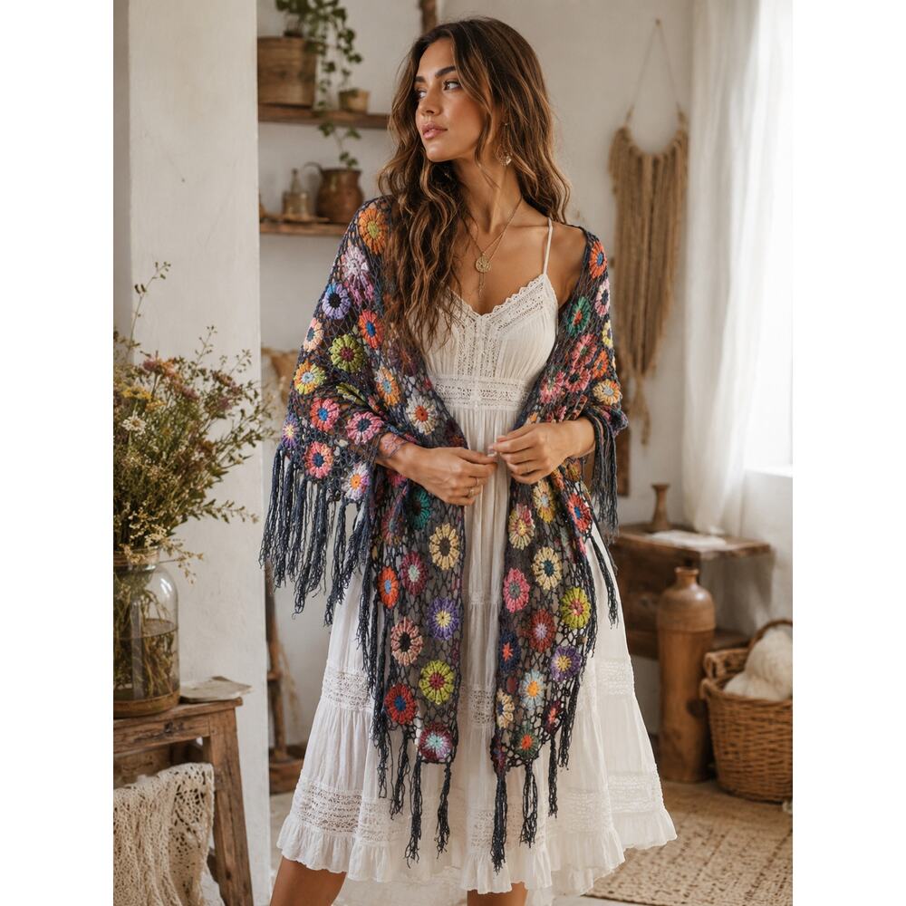 Multicolor Crochet Shawl wrap boho cottagecore NWT